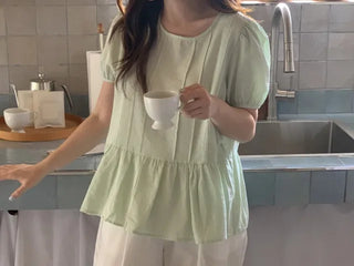 Lace frill puff short-sleeved layered blouse