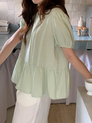 Lace frill puff short-sleeved layered blouse