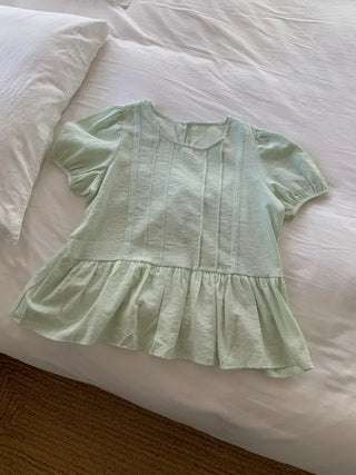 Lace frill puff short-sleeved layered blouse