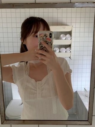 [Tie Set] Frill Lace Short-Sleeve Blouse