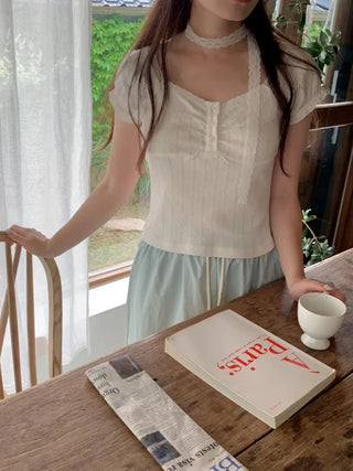 [Tie Set] Frill Lace Short-Sleeve Blouse