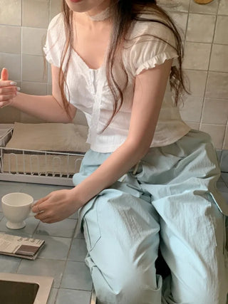 [Tie Set] Frill Lace Short-Sleeve Blouse