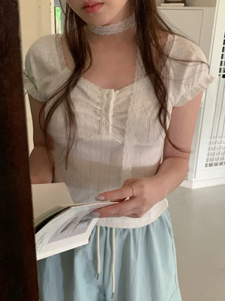 [Tie Set] Frill Lace Short-Sleeve Blouse