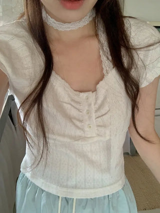 [Tie Set] Frill Lace Short-Sleeve Blouse