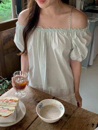 Shirred puff sleeve short-sleeved blouse