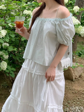 Shirred puff sleeve short-sleeved blouse