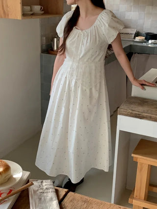 Flower Off-Shoulder Puff Long Dress