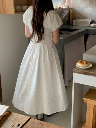 Flower Off-Shoulder Puff Long Dress