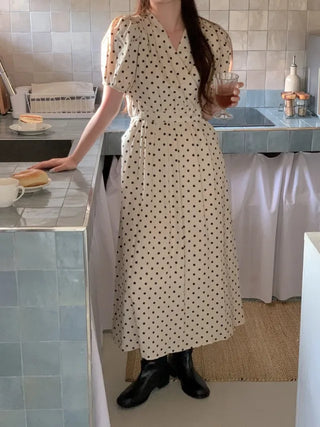 Polka Dot Ribbon Shirred Short Sleeve V-Neck Long Dress