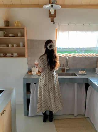 Polka Dot Ribbon Shirred Short Sleeve V-Neck Long Dress