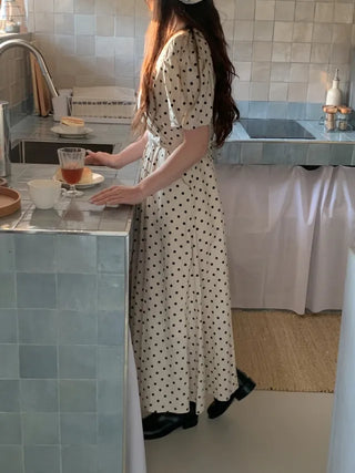 Polka Dot Ribbon Shirred Short Sleeve V-Neck Long Dress