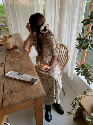Polka Dot Ribbon Shirred Short Sleeve V-Neck Long Dress