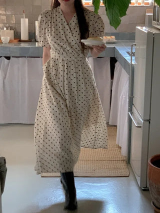 Polka Dot Ribbon Shirred Short Sleeve V-Neck Long Dress