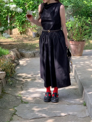Shirred nylon long camisole dress