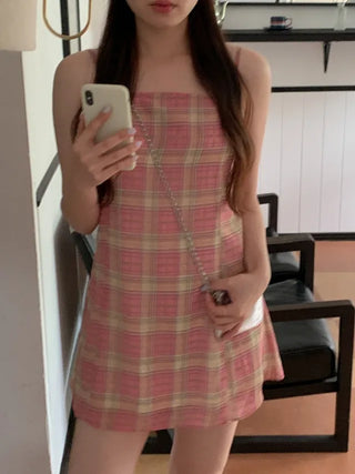 Checked floral chiffon bustier dress