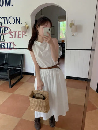 Shirred nylon long camisole dress