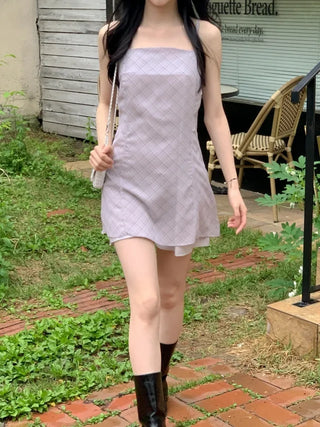 Checked floral chiffon bustier dress