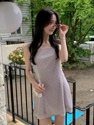 Checked floral chiffon bustier dress
