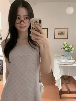 Checked floral chiffon bustier dress