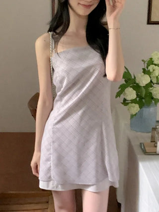 Checked floral chiffon bustier dress