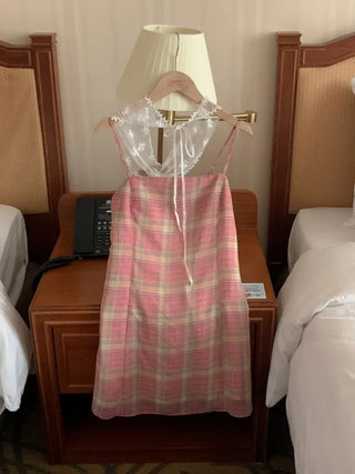 Checked floral chiffon bustier dress