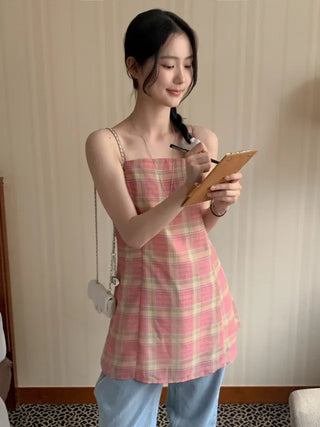 Checked floral chiffon bustier dress