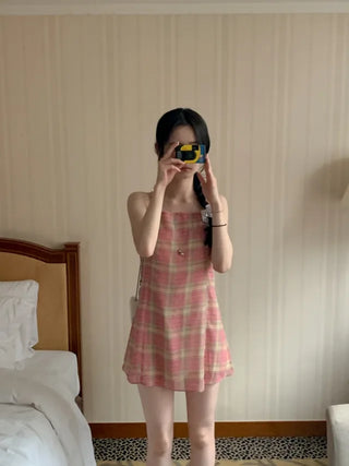 Checked floral chiffon bustier dress