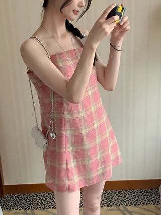 Checked floral chiffon bustier dress