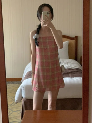 Checked floral chiffon bustier dress
