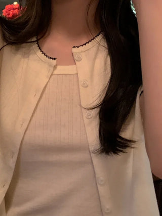[set] Eyelet punching sleeveless short-sleeved cardigan set