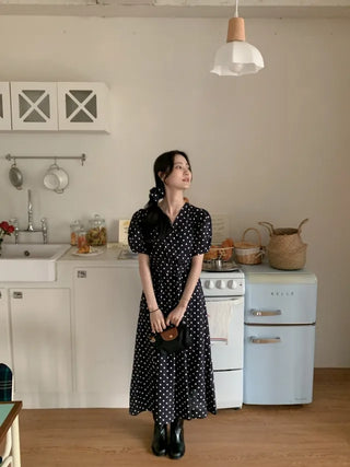 Polka Dot Ribbon Shirred Short Sleeve V-Neck Long Dress