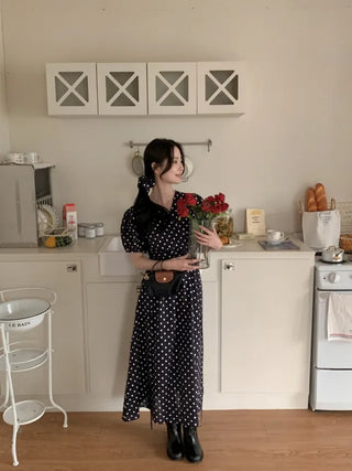 Polka Dot Ribbon Shirred Short Sleeve V-Neck Long Dress