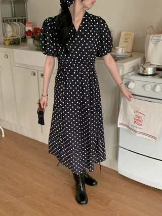Polka Dot Ribbon Shirred Short Sleeve V-Neck Long Dress