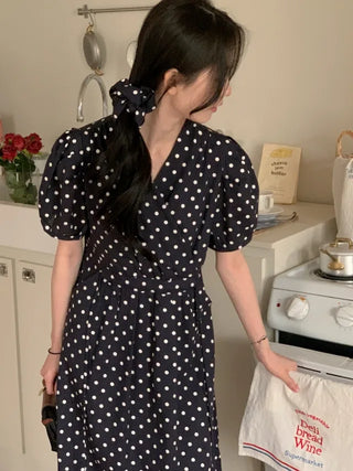 Polka Dot Ribbon Shirred Short Sleeve V-Neck Long Dress