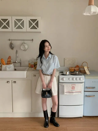 Striped Border Stitch Short-Sleeve Shirt