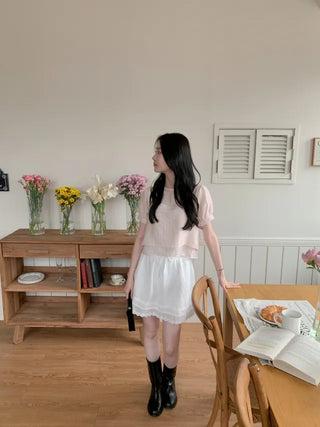 Lace stitch ribbon elastic mini skirt