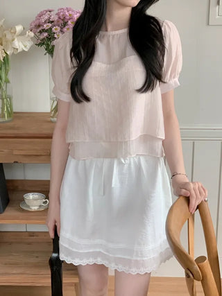 Lace stitch ribbon elastic mini skirt