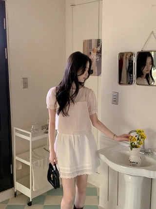 Lace stitch ribbon elastic mini skirt