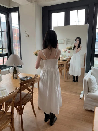 Lace Shirred Long Camisole Dress