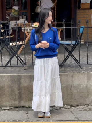 Elastic frill tiered long skirt