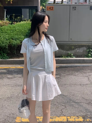 [set] Eyelet punching sleeveless short-sleeved cardigan set