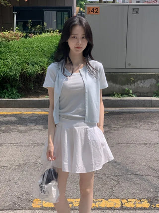 [set] Eyelet punching sleeveless short-sleeved cardigan set