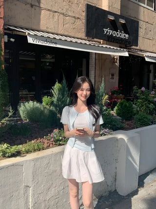 [set] Eyelet punching sleeveless short-sleeved cardigan set