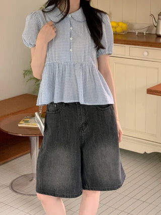 5/8 length wide wash denim shorts