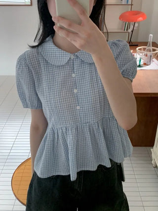 Checkered color frill short-sleeved blouse