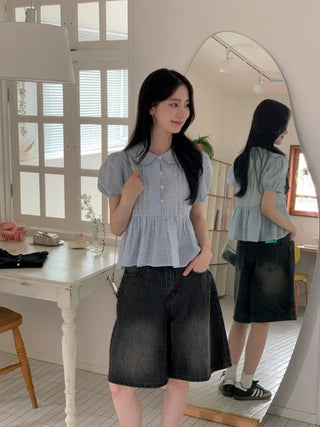 5/8 length wide wash denim shorts