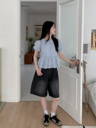 5/8 length wide wash denim shorts