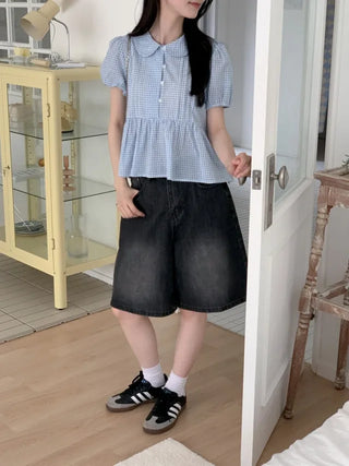 Checkered color frill short-sleeved blouse