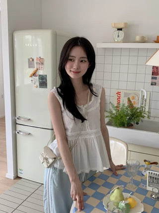 Ethnic Summer Frill Shirring Sleeveless Blouse