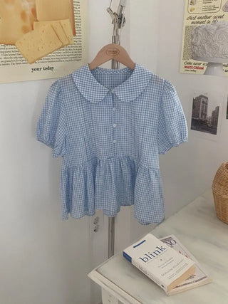 Checkered color frill short-sleeved blouse